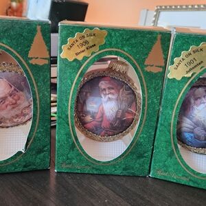 3 Vintage Krebs Hand Decorated Santas on Silk Christmas Ornaments with Boxes